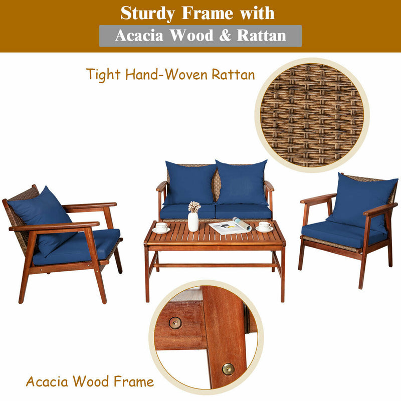 4PCS Patio Rattan Furniture Set Acacia Wood Frame Cushioned Sofa Chair Navy