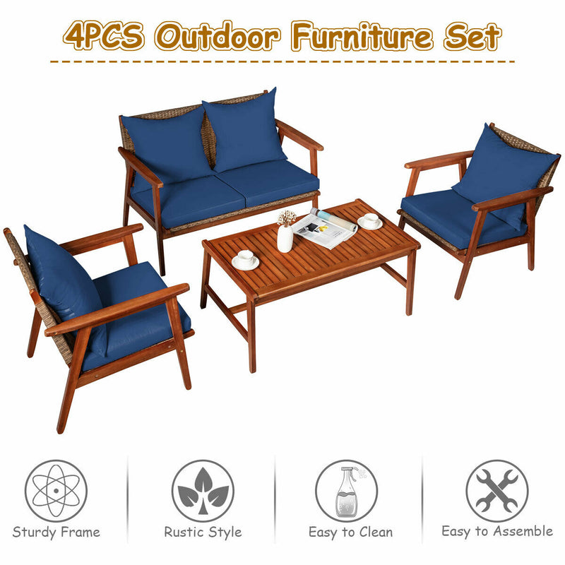 4PCS Patio Rattan Furniture Set Acacia Wood Frame Cushioned Sofa Chair Navy