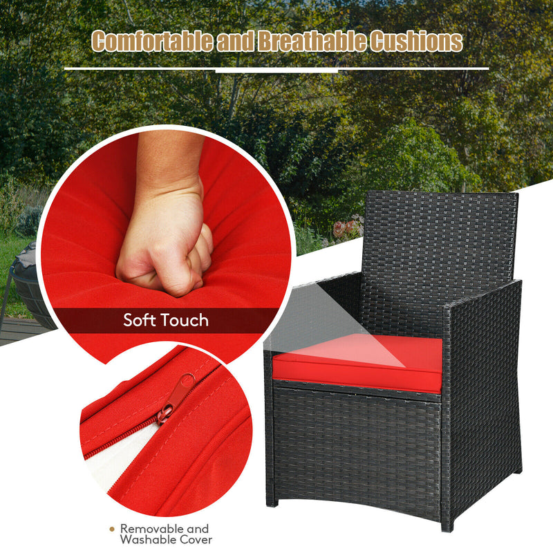 3PCS Patio Rattan Furniture Set Cushion Sofa Armrest Garden Deck Red