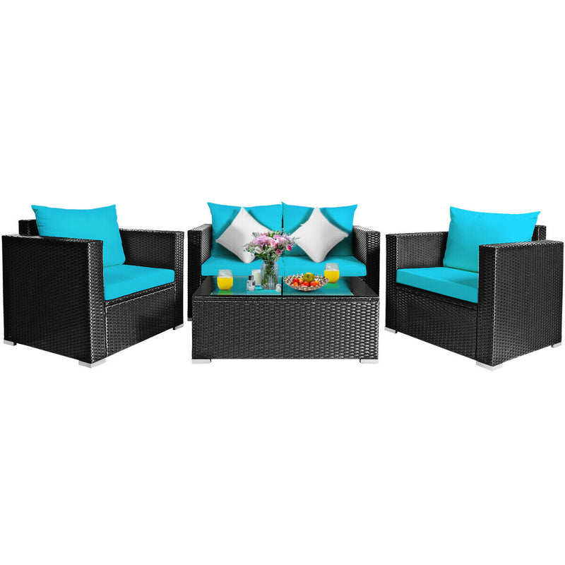 4PCS Patio Rattan Furniture Set Cushioned Sofa Chair Coffee Table Turquoise
