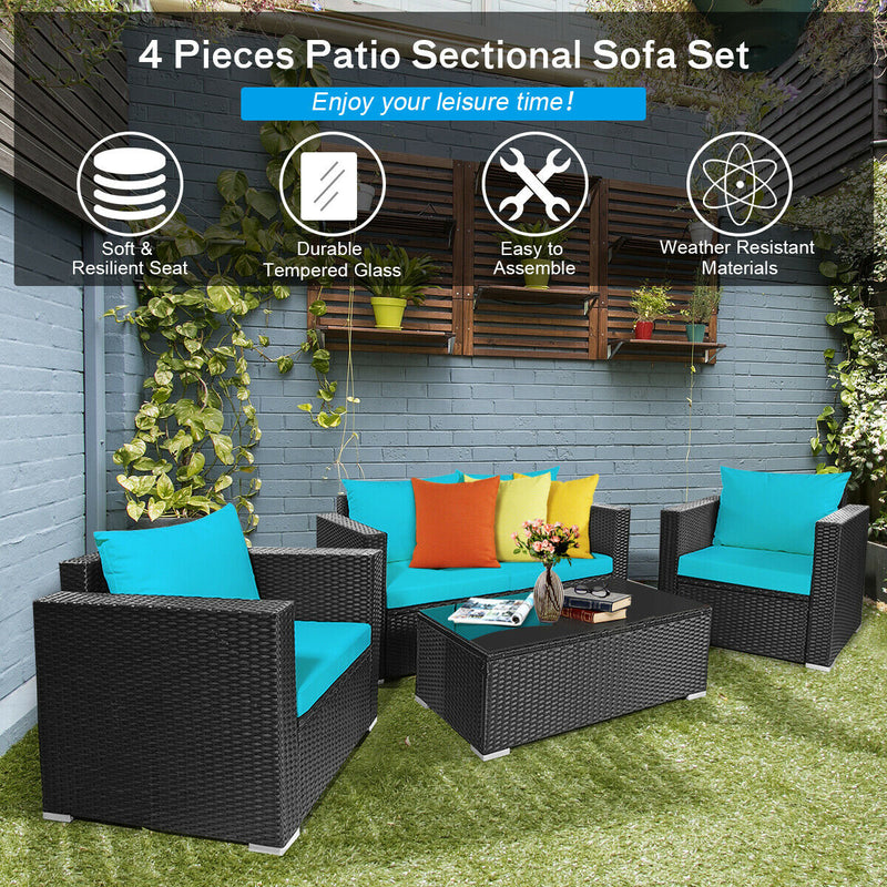 4PCS Patio Rattan Furniture Set Cushioned Sofa Chair Coffee Table Turquoise