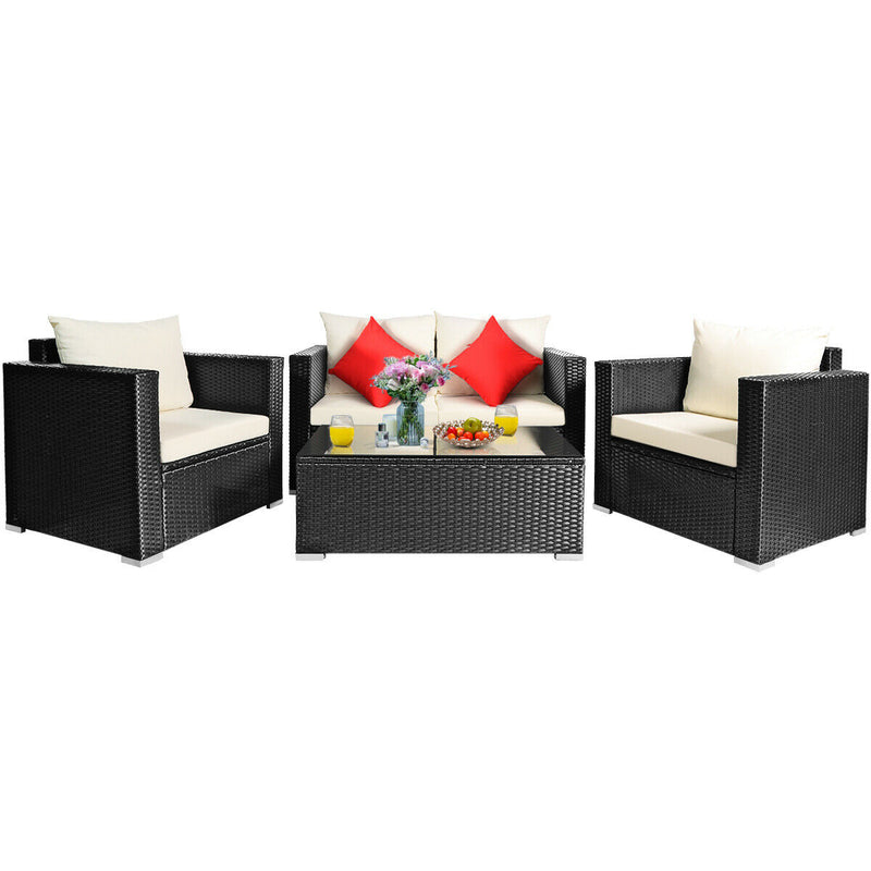 4PCS Patio Rattan Furniture Set Cushioned Sofa Chair Coffee Table Off White