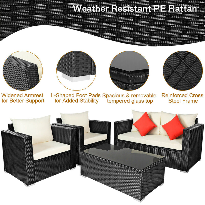 4PCS Patio Rattan Furniture Set Cushioned Sofa Chair Coffee Table Off White