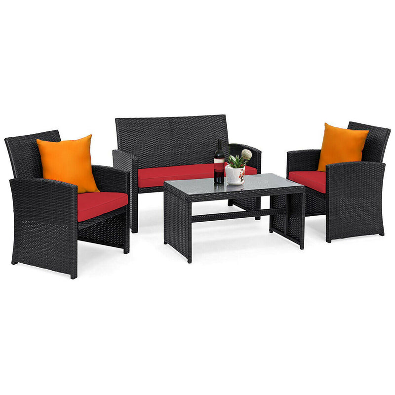 4PCS Patio Rattan Furniture Conversation Set Cushion Sofa Table Garden Red