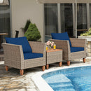 3PCS Patio Rattan Bistro Furniture Set Wood Table Top Cushion Sofa Navy/Red/Black/Turquoise