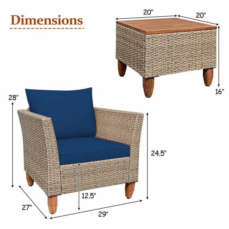3PCS Patio Rattan Bistro Furniture Set Wood Table Top Cushion Sofa Navy/Red/Black/Turquoise