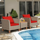 3PCS Patio Rattan Bistro Furniture Set Wood Table Top Cushion Sofa Navy/Red/Black/Turquoise