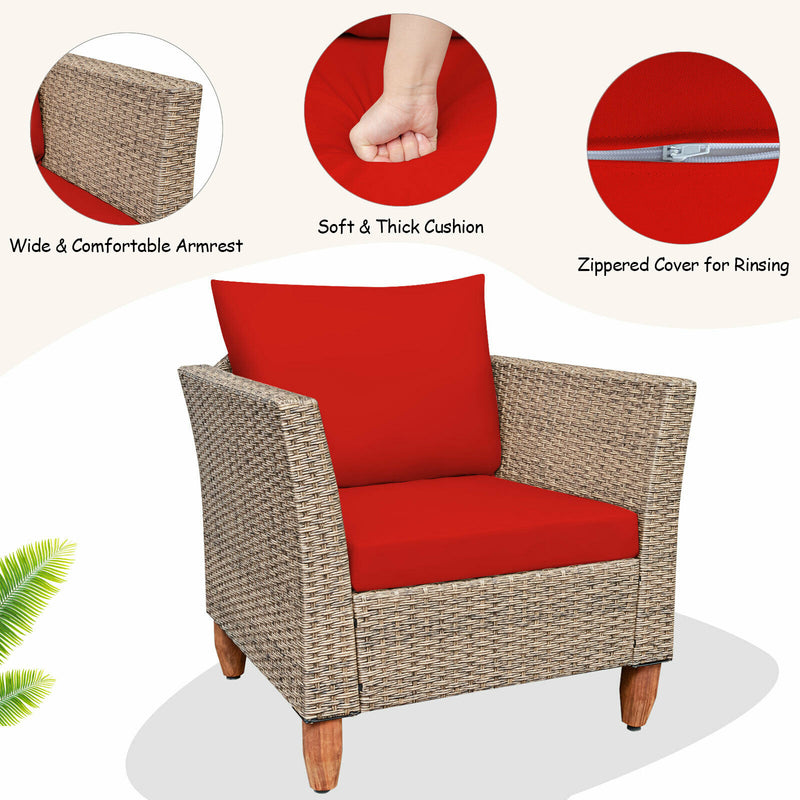 3PCS Patio Rattan Bistro Furniture Set Wood Table Top Cushion Sofa Navy/Red/Black/Turquoise