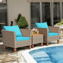 3PCS Patio Rattan Bistro Furniture Set Wood Table Top Cushion Sofa Navy/Red/Black/Turquoise