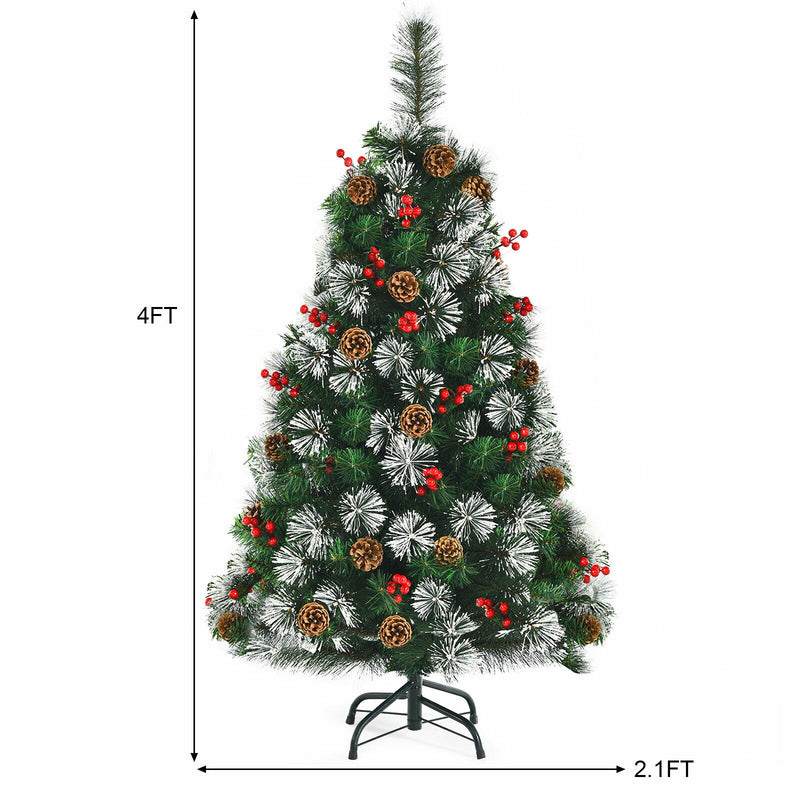 4ft Snowy Artificial Christmas Tree Pre-Decorated w/ Pine Cones and Red Berries