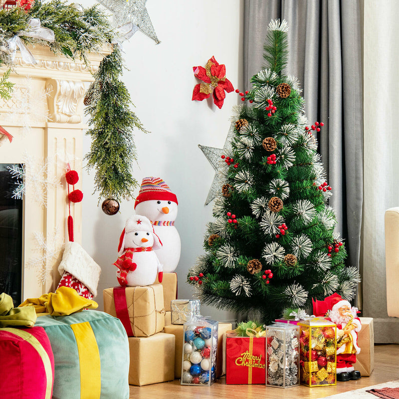 4ft Snowy Artificial Christmas Tree Pre-Decorated w/ Pine Cones and Red Berries