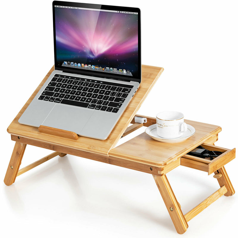 Bamboo Laptop Desk Adjustable Folding Bed Tray w/Drawer Heat Dissipation