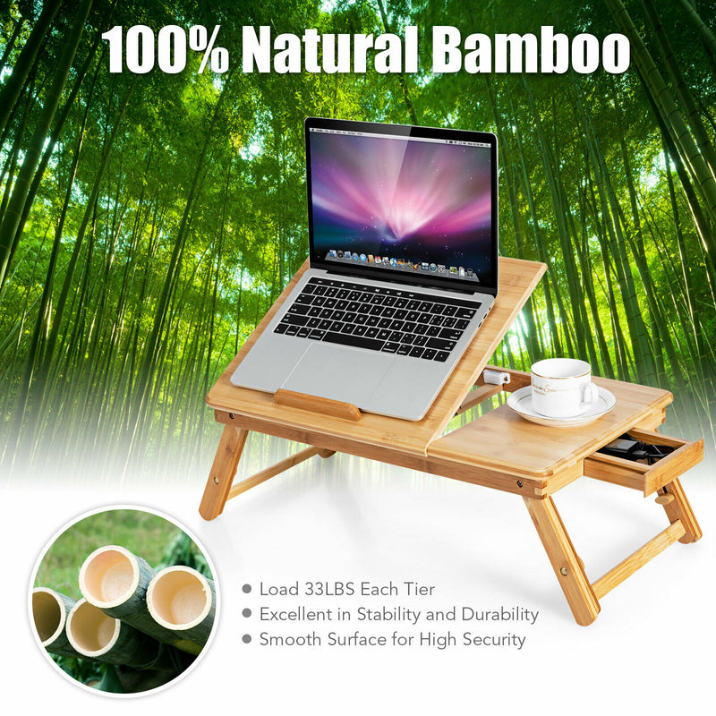 Bamboo Laptop Desk Adjustable Folding Bed Tray w/Drawer Heat Dissipation