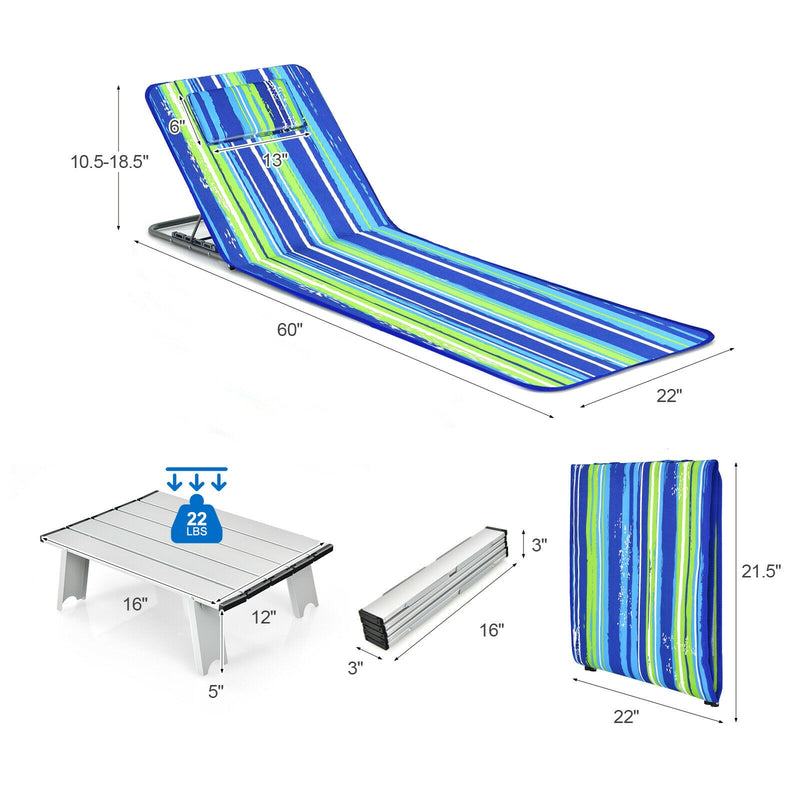 3-Piece Beach Lounge Chair Mat Set 2 Adjustable Lounge Chairs with Table Stripe