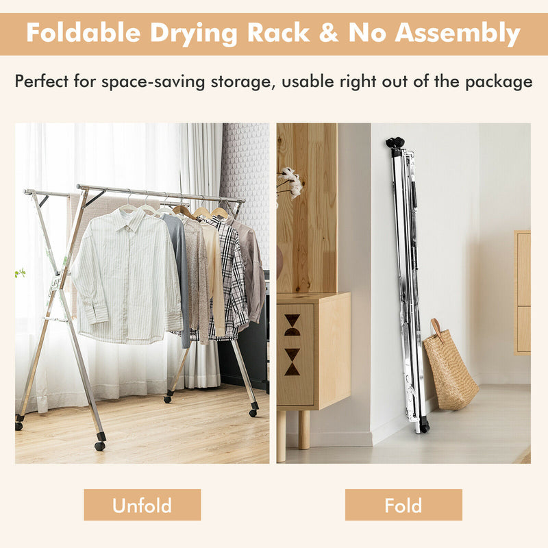 Clothes Drying Rack Stainless Steel Garment Rack Adjustable &amp; Foldable w/ Wheels