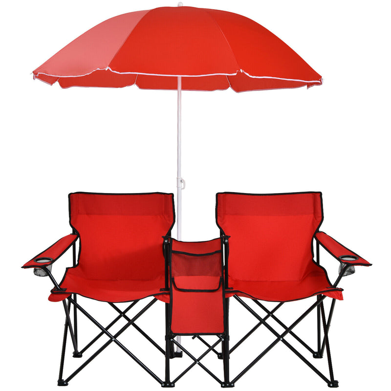 Portable Folding Picnic Double Chair W/Umbrella Table Cooler Beach Camping Red  OP70621RE