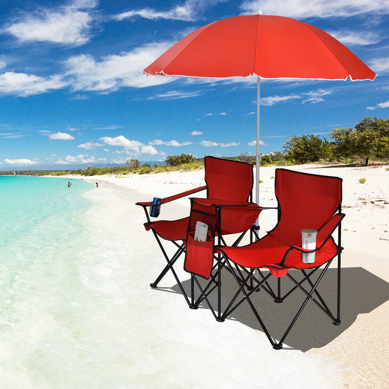 Portable Folding Picnic Double Chair W/Umbrella Table Cooler Beach Camping Red  OP70621RE