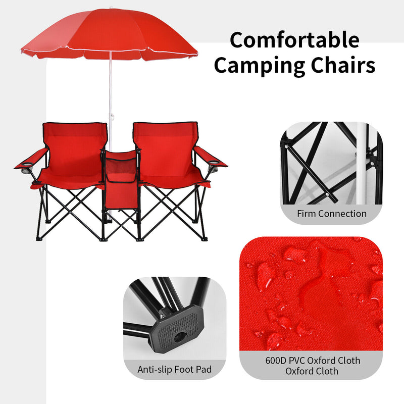 Portable Folding Picnic Double Chair W/Umbrella Table Cooler Beach Camping Red  OP70621RE