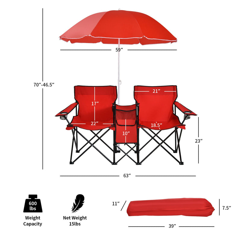 Portable Folding Picnic Double Chair W/Umbrella Table Cooler Beach Camping Red  OP70621RE