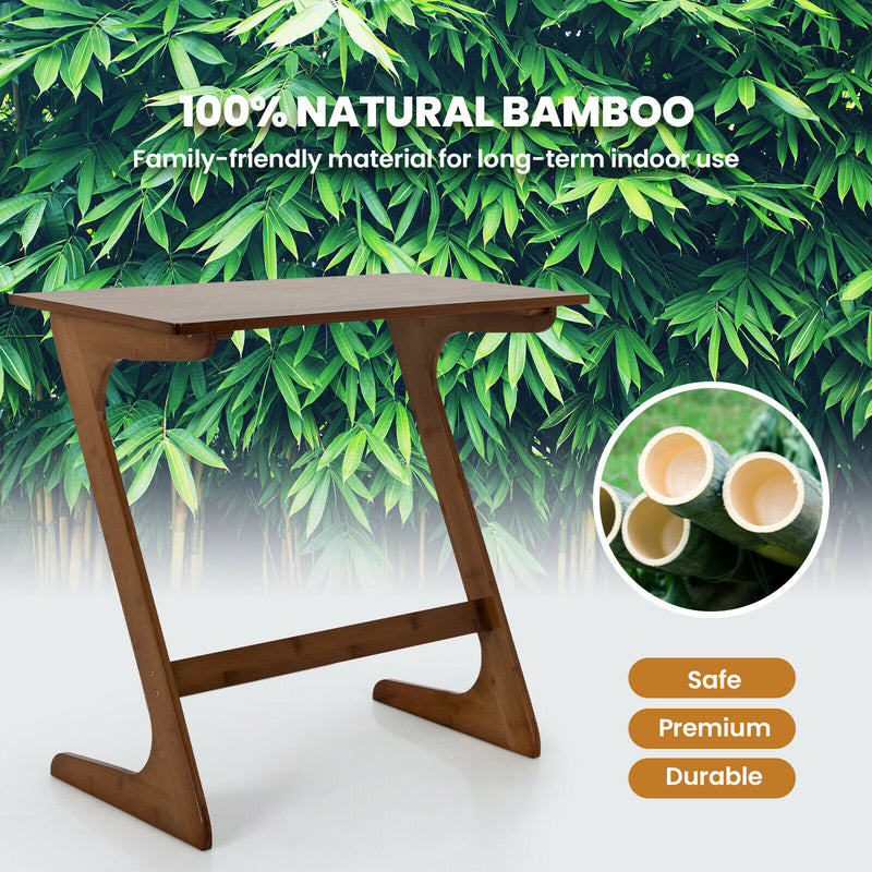 Bamboo Sofa Side Table Z-Shaped Spacious Tabletop Space-Saving TV Snack Tray