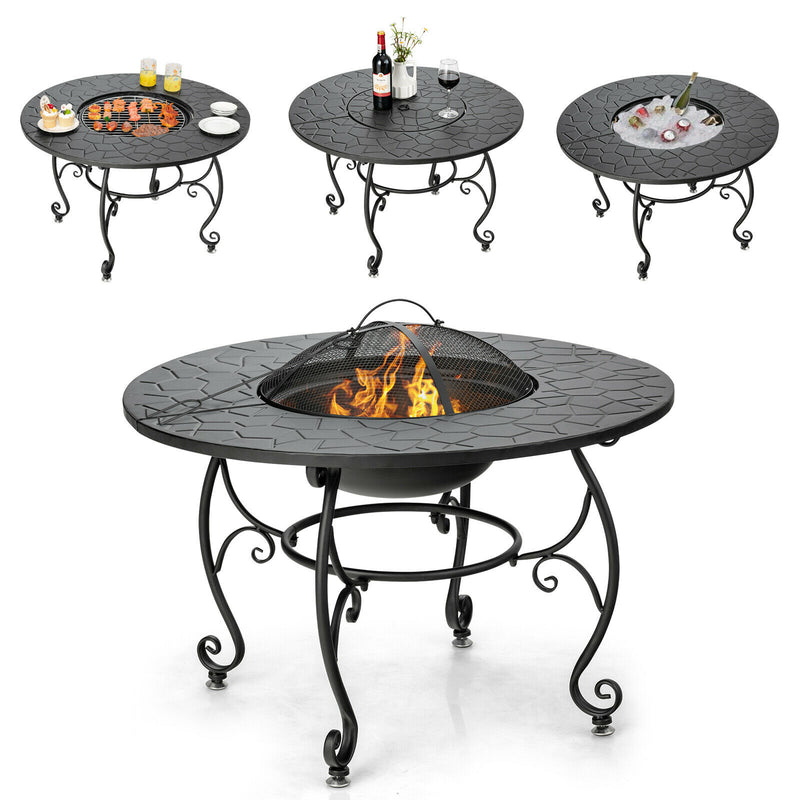 Patio Fire Pit Dining Table Charcoal Wood Burning W/ Cooking BBQ Grate