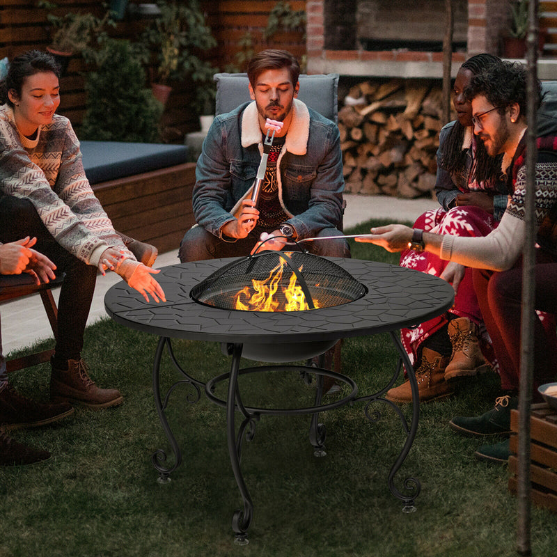 Patio Fire Pit Dining Table Charcoal Wood Burning W/ Cooking BBQ Grate