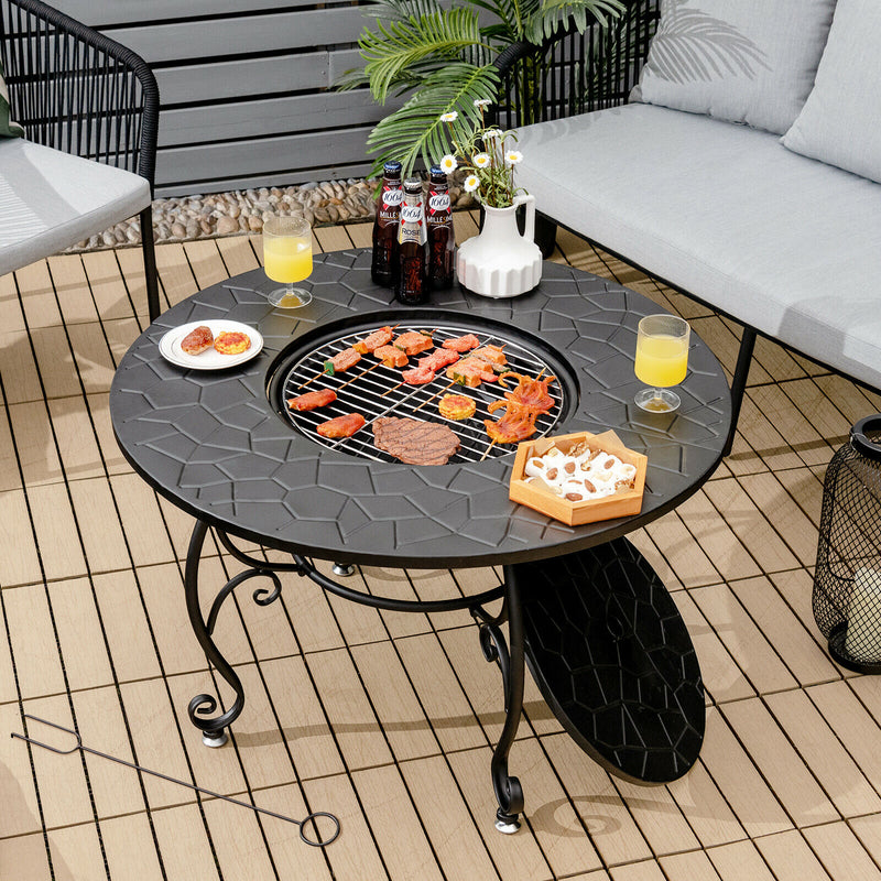 Patio Fire Pit Dining Table Charcoal Wood Burning W/ Cooking BBQ Grate