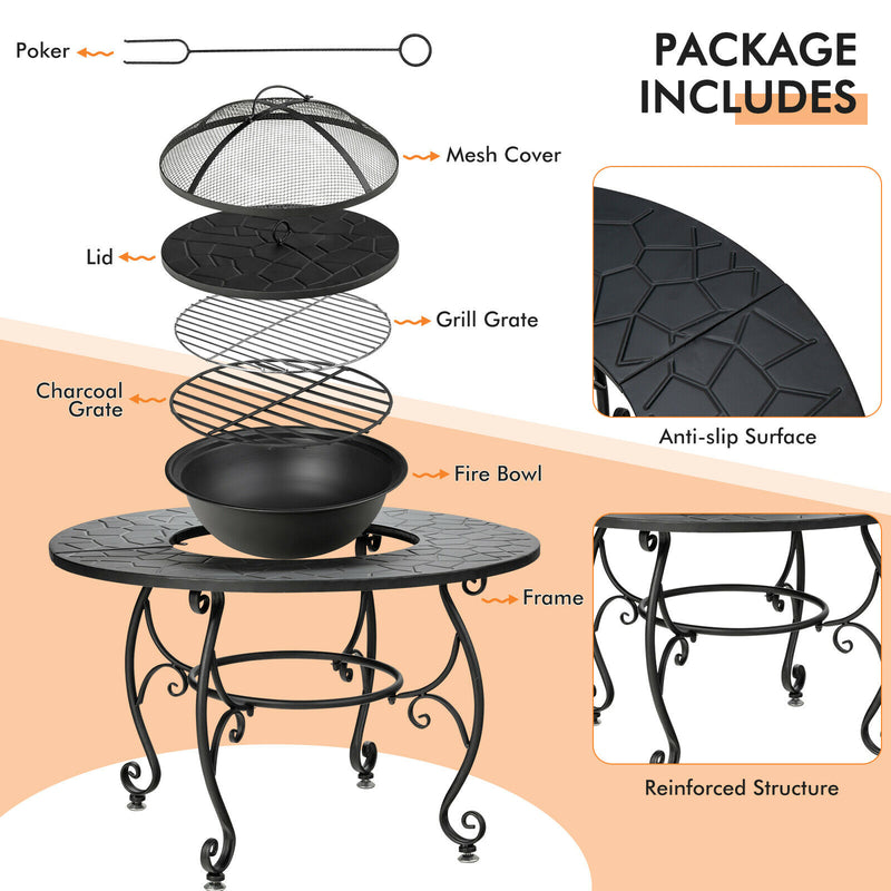 Patio Fire Pit Dining Table Charcoal Wood Burning W/ Cooking BBQ Grate