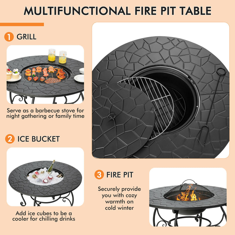 Patio Fire Pit Dining Table Charcoal Wood Burning W/ Cooking BBQ Grate