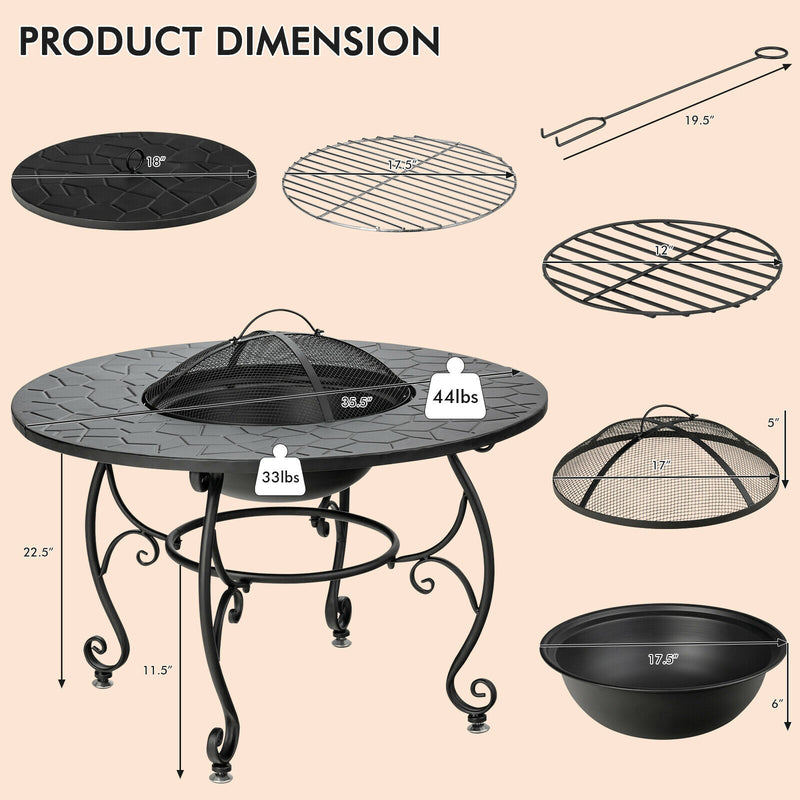 Patio Fire Pit Dining Table Charcoal Wood Burning W/ Cooking BBQ Grate