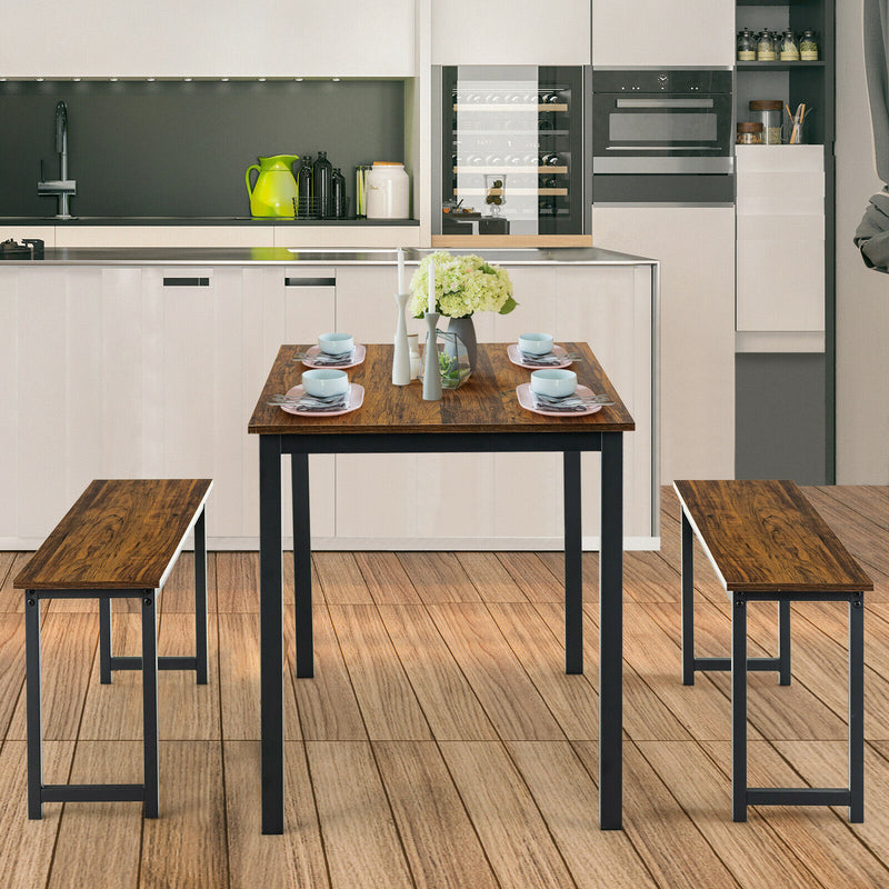 3 PCS Modern Dining Table Bench Set w/ Wooden Tabletop &amp; Metal Frame
