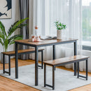 3 PCS Modern Dining Table Bench Set w/ Wooden Tabletop &amp; Metal Frame