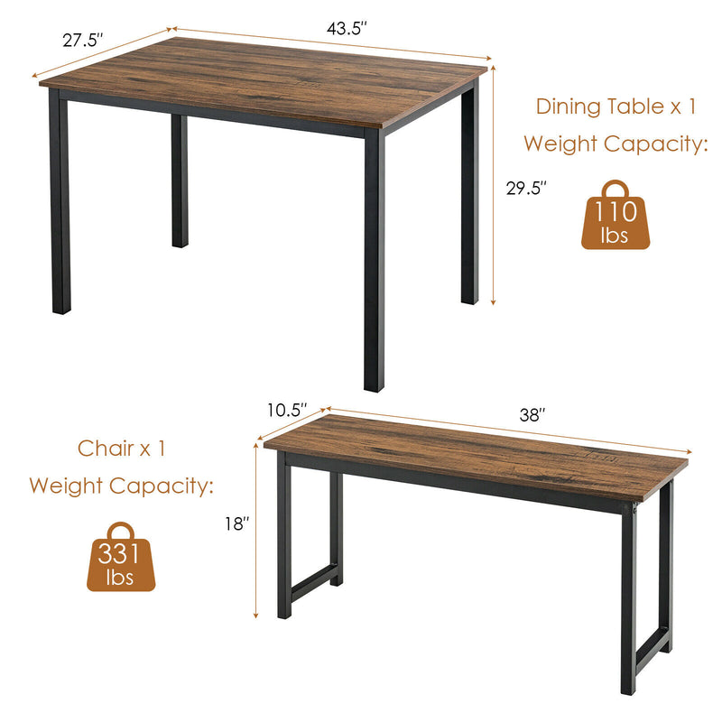 3 PCS Modern Dining Table Bench Set w/ Wooden Tabletop &amp; Metal Frame