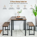 3 PCS Modern Dining Table Bench Set w/ Wooden Tabletop &amp; Metal Frame