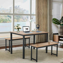 3 PCS Modern Dining Table Bench Set w/ Wooden Tabletop &amp; Metal Frame