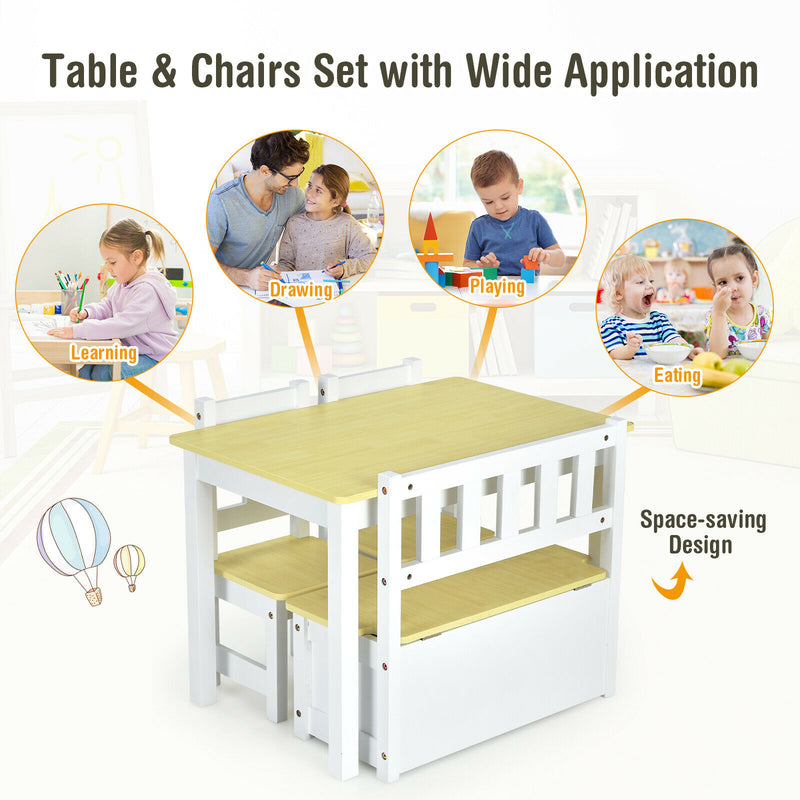 4 PCS Kids Wooden Activity Table &amp; Chairs Set w/Storage Bench Study Desk