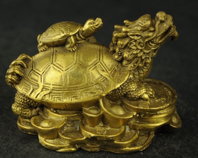 Exquisite Chinese hand carved brass fortune dragon turtle statue