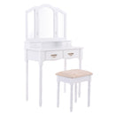 White Tri Folding Mirror Vanity Table Stool Set Modern Makeup Dressing Desk with 4 Drawers Wood Dressers HW54073WH