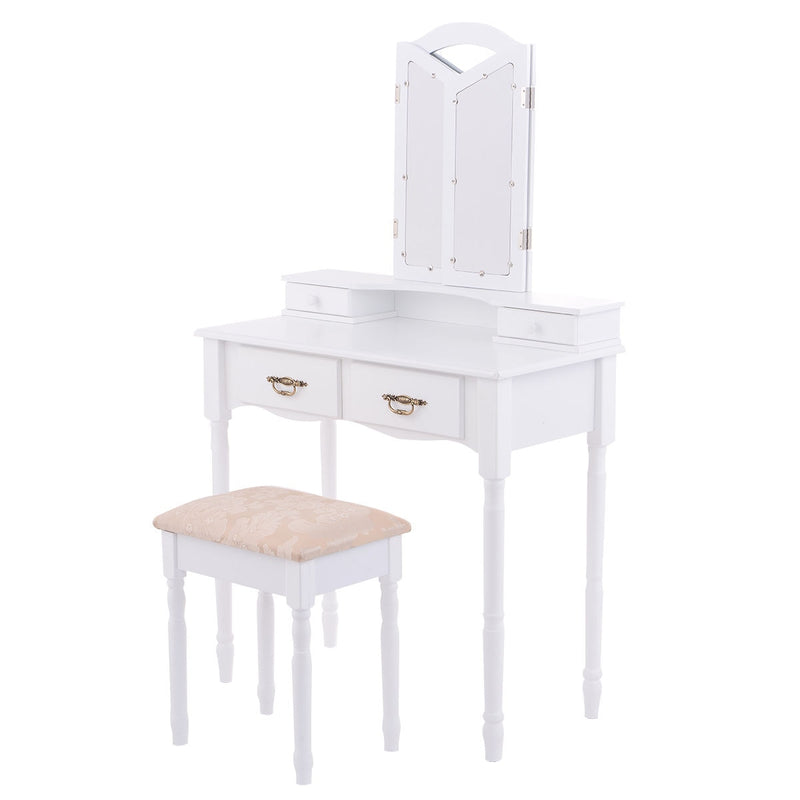 White Tri Folding Mirror Vanity Table Stool Set Modern Makeup Dressing Desk with 4 Drawers Wood Dressers HW54073WH