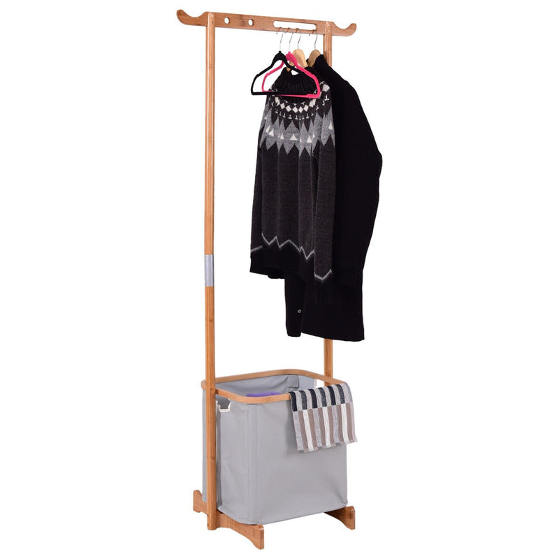Bamboo Clothes Drying Rack Portable Laundry Hamper Garment Hanger Storage Clothing Organizer HW56584