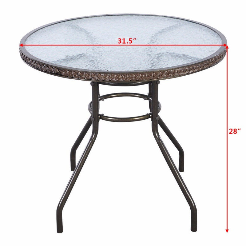 Brown Patio Rattan Round Table Tempered Glass Furniture Outdoor Coffee Dining   HW51585