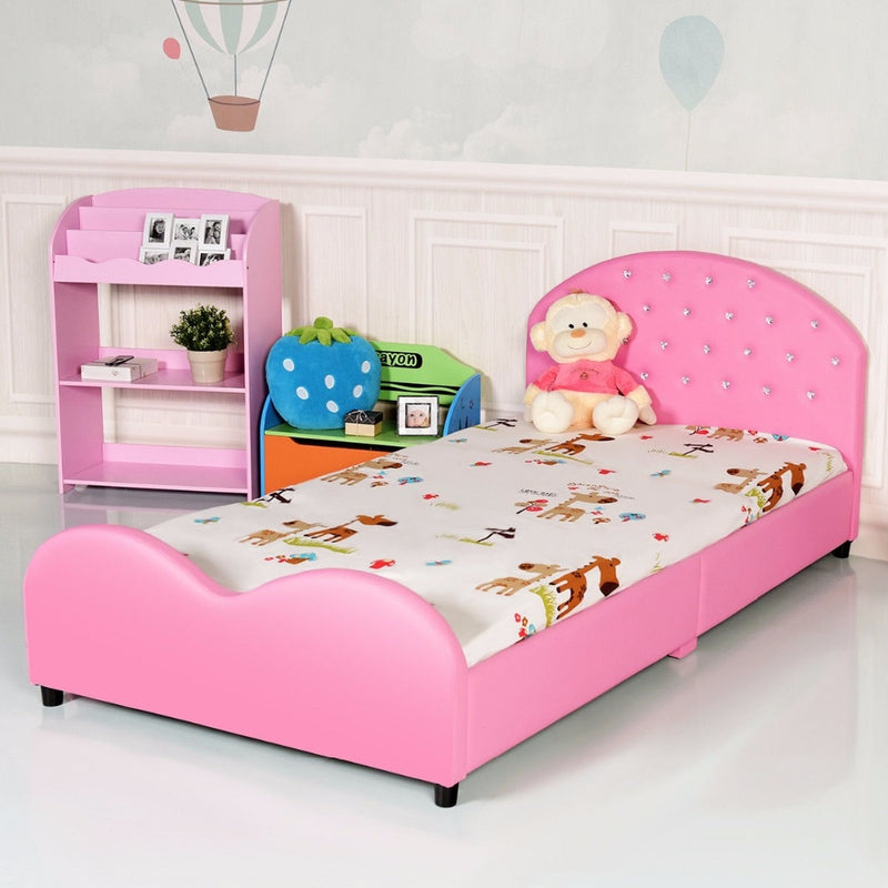 Giantex Kids Children PU Upholstered Platform Wooden Princess Bed Bedroom Furniture Pink HW59101