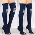 Fashion hole high heel jeans boots women shoes over the knee open toe denim thigh shoes woman