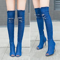 Fashion hole high heel jeans boots women shoes over the knee open toe denim thigh shoes woman