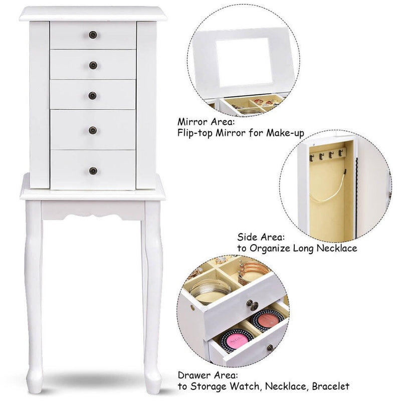 Jewelry Chest Storage Cabinet Stand Organizer Christmas w/ Mirror White Home Furniture HW56419WH