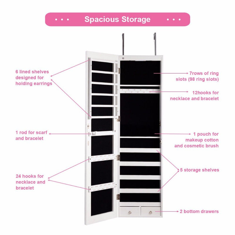 Wall & Door Mounted Mirrored Jewelry Cabinet Storage Organizer W/ Lights&Drawer Home Furniture HW59104