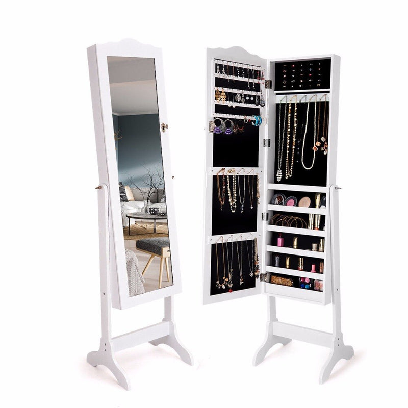 Mirrored Lockable Jewelry Cabinet Armoire Organizer Storage Box w/ Stand White Home Furniture HW60137WH