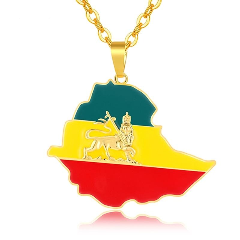 Ethiopian Flag & Lion Map Pendant Necklaces Women/Men Jewelry