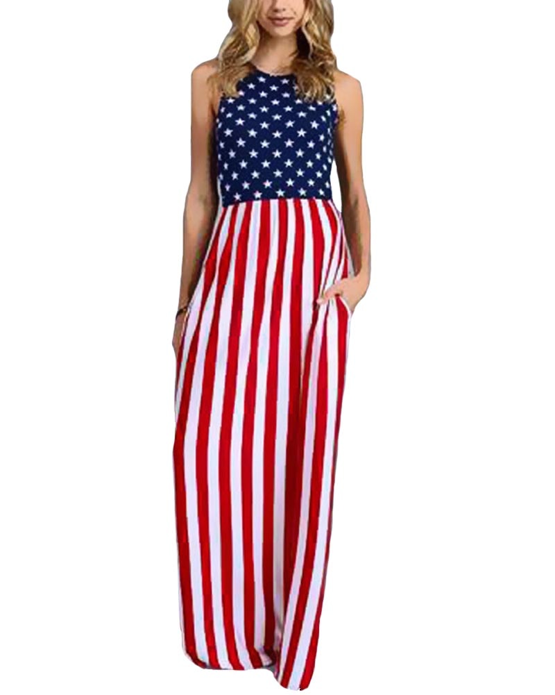 Womens Sleeveless USA American Flag Print Casual  Long Dress