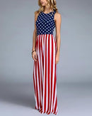 Womens Sleeveless USA American Flag Print Casual  Long Dress